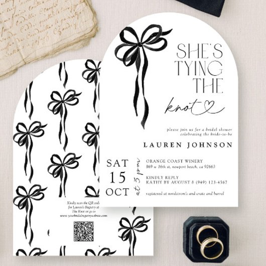 Invitation Black Bow She's Tying the Knot QR Fête des mariées