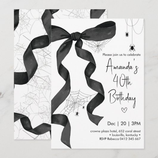 Invitation Black Bow Spider Web Coquette Halloween Anniversai (Devant / Derrière)