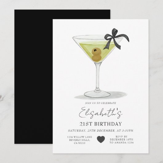 Invitation Black Bow Un peu plus âgée Olive Martini Anniversa (Devant / Derrière)
