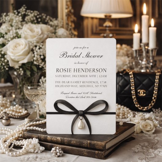 Invitation Black Bow With Pearl Old Money Style Bridal Shower