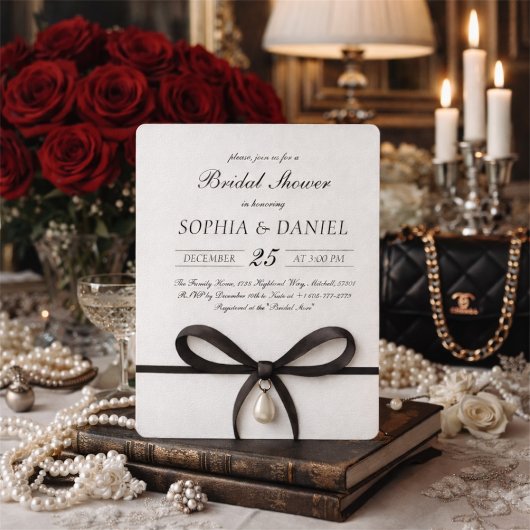 Invitation Black Bow With Pearl Old Money Style Bridal Shower