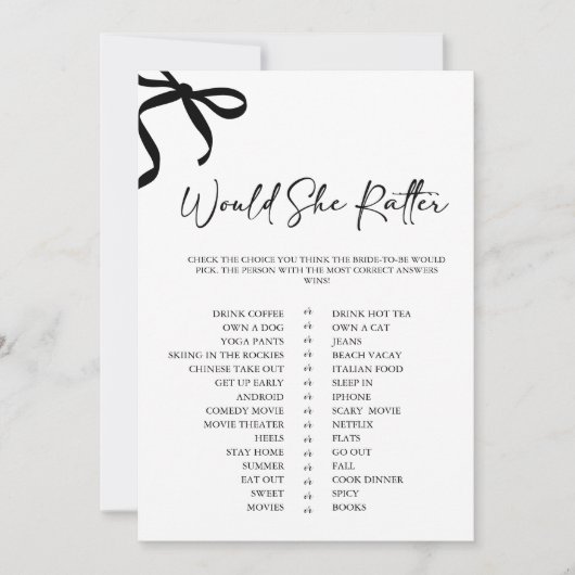 Invitation Black Bow Would She Rather Bridal Shower Game (Devant)