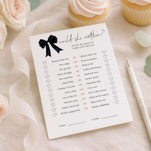 Invitation Black Bow Would She Rather Bridal Shower Game Card