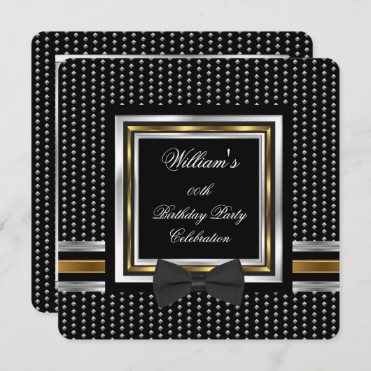 Invitation Black Bowtie Gold Silver Studs fête d'anniversaire (Devant / Derrière)