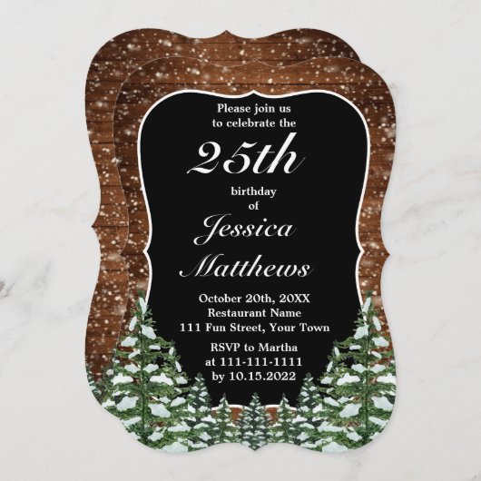 Invitation Black Bracket Snowy Bois & Forêt Anniversaire (Devant / Derrière)