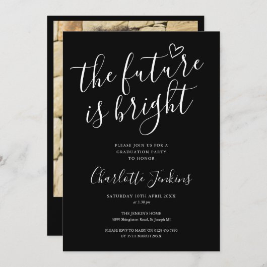 Invitation Black Bright Future Script Photo Graduation Party (Devant / Derrière)