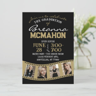 Invitation Black & Bronze Gold Filmstrip 5 Photo Graduation