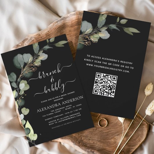 Invitation Black Brunch & Bubbly QR Code Eucalyptus