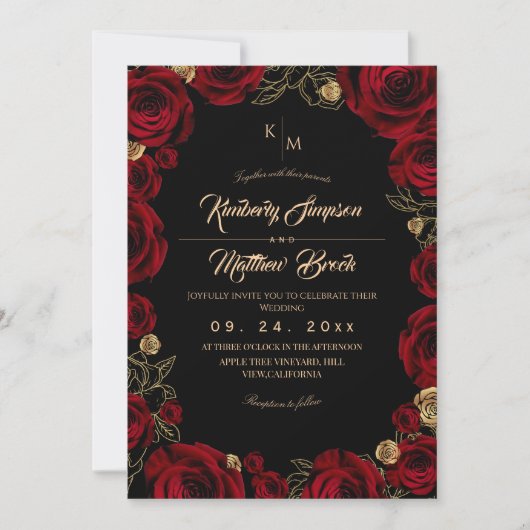 Invitation Black Burgundy⎮ Gold Rose Floral Boho Wedding (Devant)