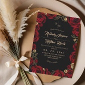 Invitation Black Burgundy⎮ Gold Rose Floral Boho Wedding