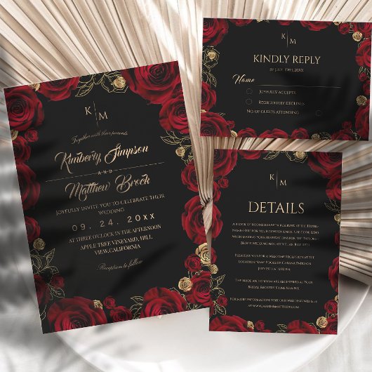 Invitation Black Burgundy⎮ Gold Rose Floral Boho Wedding