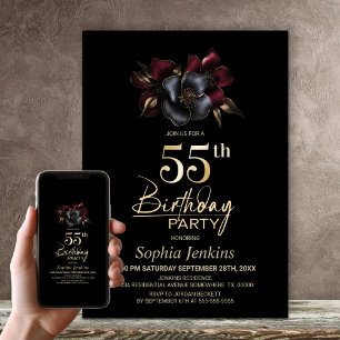 Invitation Black Burgundy Grey Floral 55e anniversaire