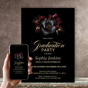 Invitation Black Burgundy Grey Floral Graduation Party
