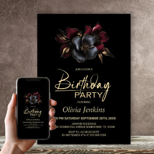 Invitation Black Burgundy Grey Floral N'importe quel âge fête