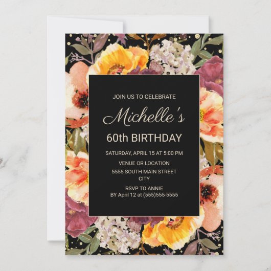 Invitation Black Burgundy Orange Floral Gold 60e anniversaire (Devant)