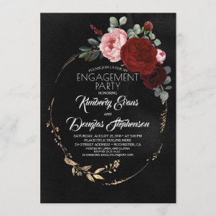 Invitation Black Burgundy Red Gold Floral Engagement Party