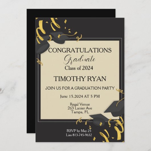 Invitation Black Casquette Gold Modern Script Graduation Part (Devant / Derrière)
