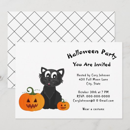 Invitation Black Cat Citrouille White Motif Halloween Party (Devant / Derrière)