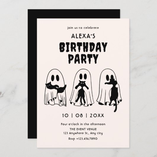 Invitation black Cat ghost birthday  (Devant / Derrière)