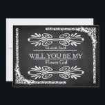 Invitation Black Chalkboard Swirl Serez-vous ma Flower Girl<br><div class="desc">C'est Black Board, Chalk Board la bordure tourbée et le design donnerait une apparence élégante en disant Serez-vous ma Fille Fleur à votre mariée. C'est le mieux pour la mariée, qui aime les fleurs et le design floral. C'est une façon vraiment amusante de demander aux femmes spéciales de votre vie...</div>