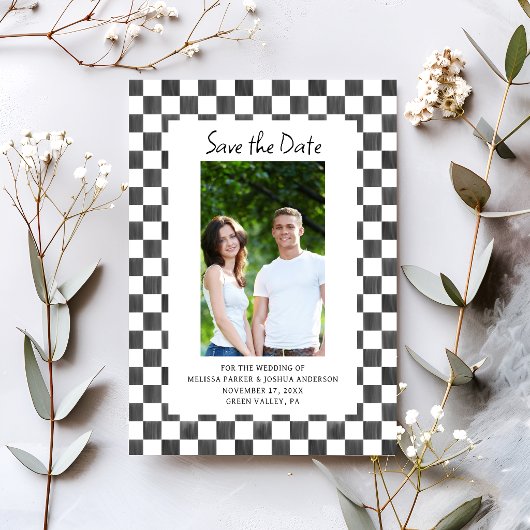 Invitation Black Checkerboard Photo Save the Date