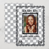 Invitation Black Checkered Grad Announcement with Photo (Devant / Derrière)