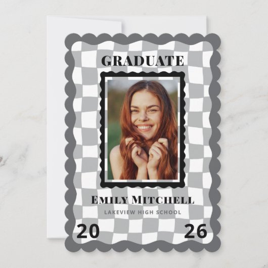 Invitation Black Checkered Grad Announcement with Photo (Devant)