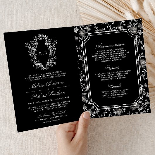 Invitation Black Chinoiserie Crest QR Code Wedding