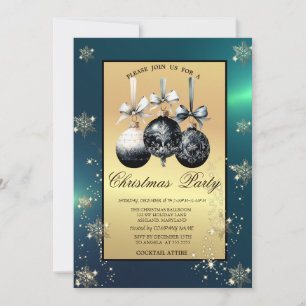 Invitation Black Christmas Balls Snowflakes Gold Party