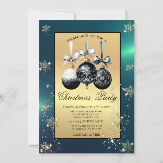 Invitation Black Christmas Balls Snowflakes Gold Party (Devant)