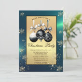 Invitation Black Christmas Balls Snowflakes Gold Party (Debout devant)