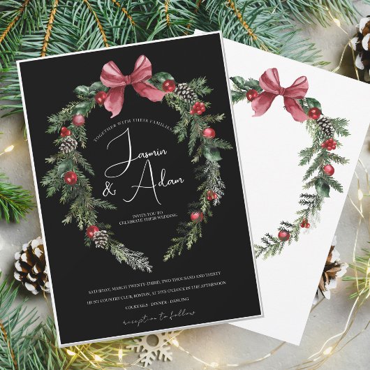 Invitation Black Christmas Wreath Red Winter Festive Mariage