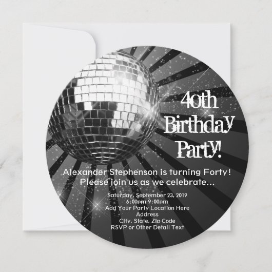 Invitation Black Circle Round Disco Ball 40th Birthday Party (Devant)