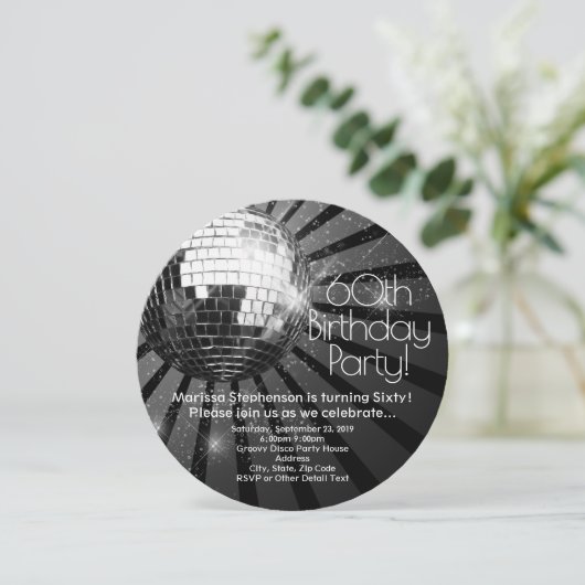 Invitation Black Circle Round Disco Ball 60e fête d'anniversa (Debout devant)