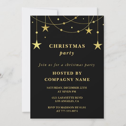 Invitation Black Company Christmas Party Gold Stars (Devant)