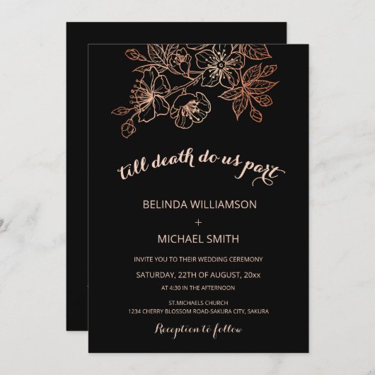 Invitation Black Copper Floral | Goth Wedding (Devant / Derrière)