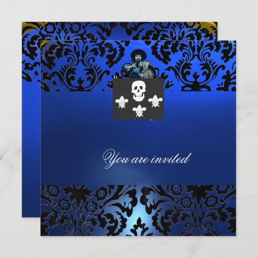 Invitation BLACK CORSAIR SKULL & FLEUR DE LIS MONOGRAM bleu (Devant / Derrière)