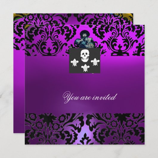 Invitation BLACK CORSAIR SKULL & FLEUR DE LIS MONOGRAM violet (Devant / Derrière)