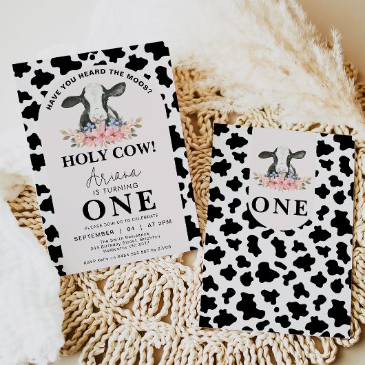 Invitation Black Cow Print Arch Floral Holy Cow 1er Anniversa