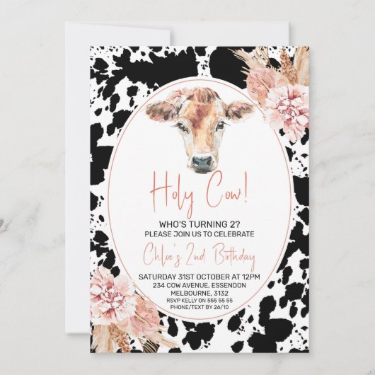 Invitation Black Cow Print Boho Holy Cow Girls Anniversaire (Devant)