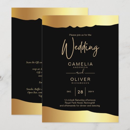 Invitation Black Cravate Mariage Gold Foil Script Élégant évé (Devant / Derrière)