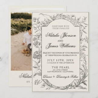 Invitation Black Cream Floral Boho Botanical Modern Wedding
