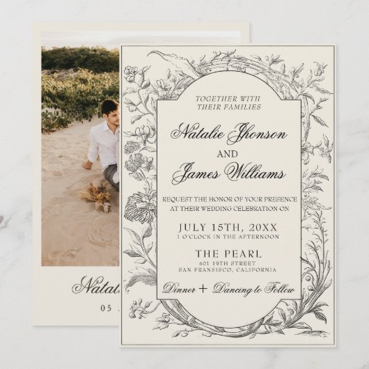 Invitation Black Cream Floral Boho Botanical Modern Wedding (Devant / Derrière)
