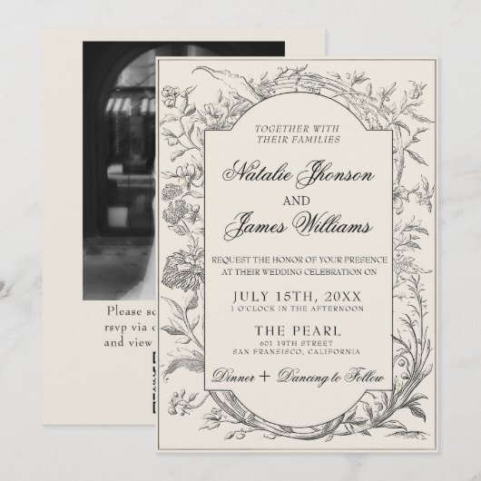 Invitation Black Cream Floral Botanical QR Code Photo Wedding (Devant / Derrière)