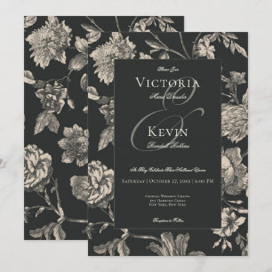 Invitation Black & Crème Vintage Toile Mariage Floral