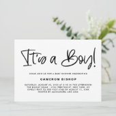 Invitation Black Cute Calligraphy C'est un Baby shower garçon (Debout devant)