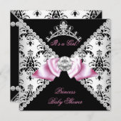 Invitation Black Damask Bow princesse Baby shower Diamond (Devant / Derrière)