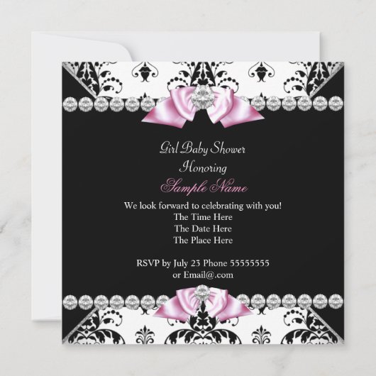 Invitation Black Damask Bow princesse Baby shower Diamond (Dos)