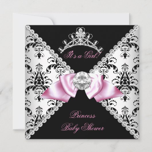 Invitation Black Damask Bow princesse Baby shower Diamond (Devant)