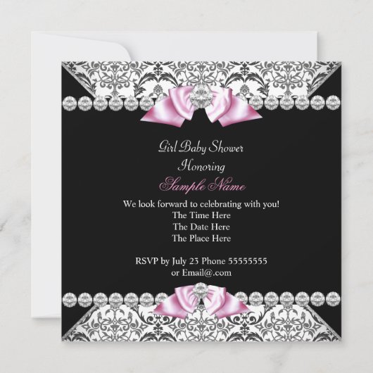 Invitation Black Damask Bow Princesse Baby shower rose (Dos)